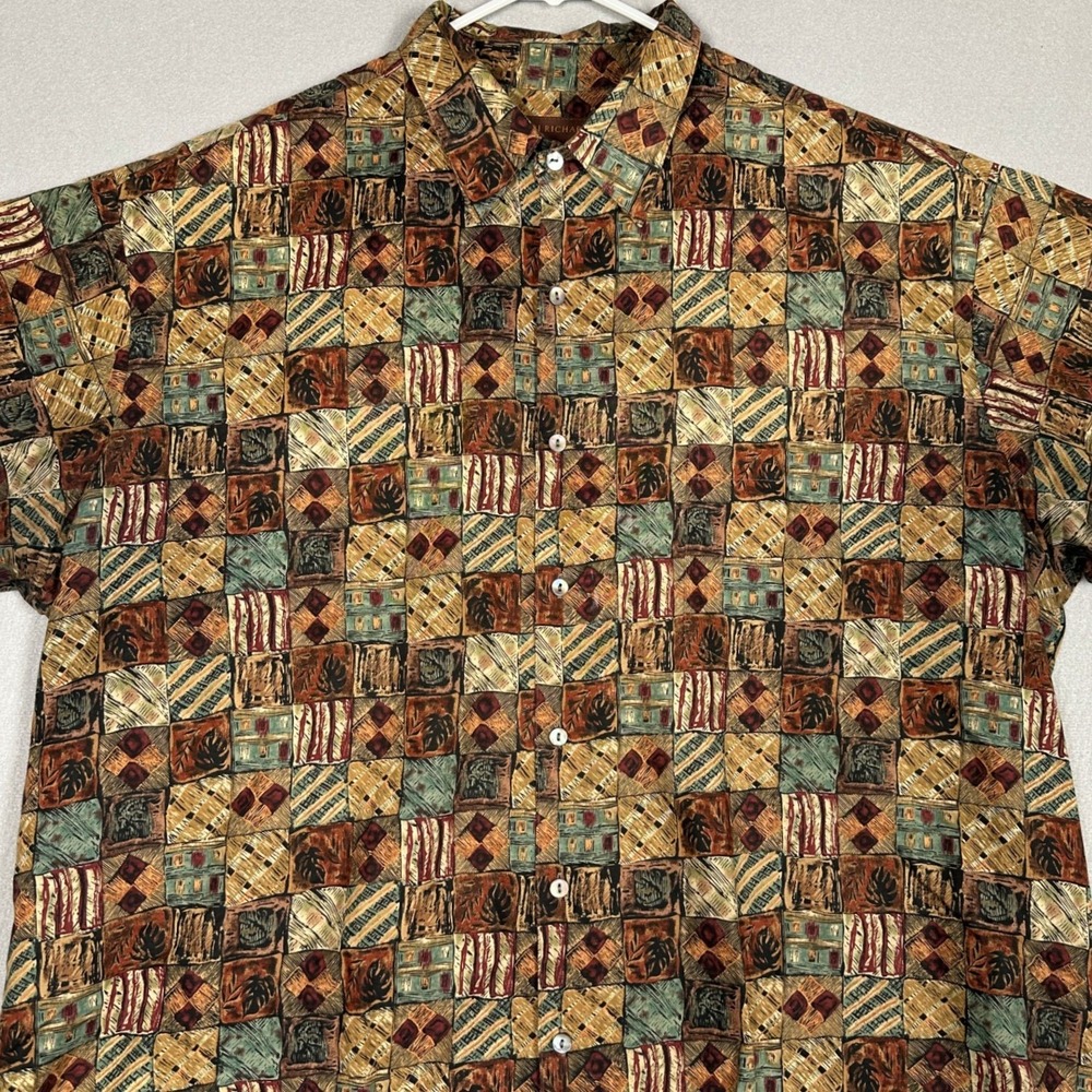 Tori Richard Shirt Mens 2XL Cotton Lawn Brown Geometric Patchwork Button Up EUC